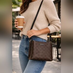 Nine West Crossbody in Brown Monogram Shonda Mini Classic 8x8x3.5 Logo Leather